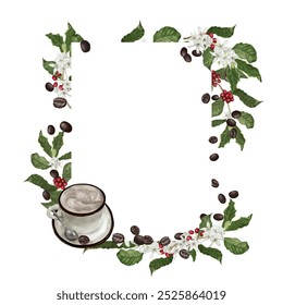Coffee tree branches and red berries. Digital watercolor illustration. Porcelain mug on a saucer, isolated on a white background. A wreath of twigs, leaves and flowers. Square frame with cup,