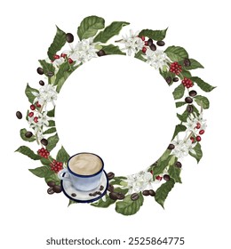 Coffee tree branches and red berries. Digital watercolor illustration. Porcelain mug on a saucer, isolated on a white background. A wreath of twigs, leaves and flowers. Round frame with cup