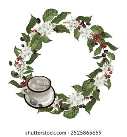 Coffee tree branches and red berries. Digital watercolor illustration. Coffee tree flowers isolated on a white background. A wreath of twigs, leaves and flowers. Round frame with circles