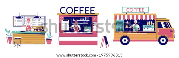 Coffee truck, coffeeshop and street cafe with\
barista male characters making hot energy drinks for visitors, flat\
illustration. Street food bus, outdoor cafe, terrace, coffee house\
concept.