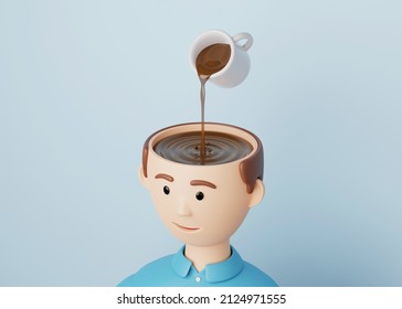 Coffee to wake up the brain. Coffee or tea pours into the head from a cup. Inside the coffee head, the man smiles. 3d render.