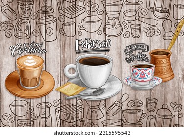 coffee wallpaper 3d on wood - Powered by Shutterstock