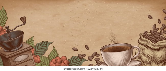 Coffee woodcut style illustration on kraft paper banner