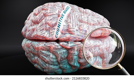Cognitive biases in human brain, a concept showing hundreds of crucial words related to Cognitive biases projected onto a cortex to fully demonstrate broad extent of this condition, 3d illustration