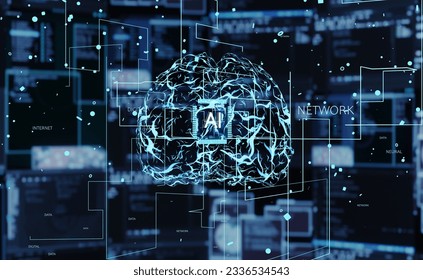 Cognitive computing enabling computers to replicate human brain functioning. AI self learning algorithms based on data mining and pattern recognition used to identify solutions to. 3D Illustration