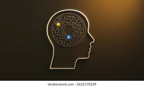 Cognitive maze inside human head silhouette representing problem solving 3D illustration. Can be used to illustrate psychological processes, decision making or mental health therapy visuals
