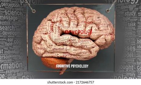 Cognitive psychology in human brain - dozens of terms describing its properties painted over the brain cortex to symbolize its connection to the mind.,3d illustration
