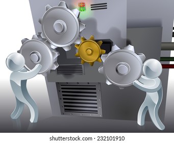 Cogs conceptual illustration of two 3d figures working a machine with cogs or gears. 