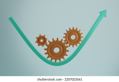 Cogwheel Gear And Rising Up Arrow,  Business Improvement To Increase Productivity At Work, Workflow Management For Best Outcome Concept, 3d Render Illustration.