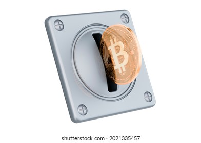 Coin Acceptor with bitcoin, 3D rendering isolated on white background