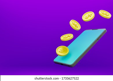 Coin Dropping On Smartphone.3D Render.