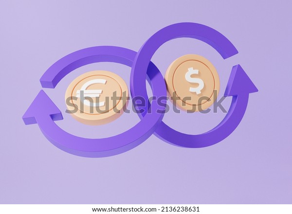Coin
euro and dollar with arrow, currency exchange transfer concept.
floating on purple background, bill money Cost saving, profit,
cashback, minimal cartoon, 3d render
illustration