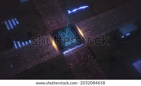 Coin of NEAR PROTOCOL on the background of digital circuit. The concept of production or rate of NEAR.3d render illustration. Foto stock © 