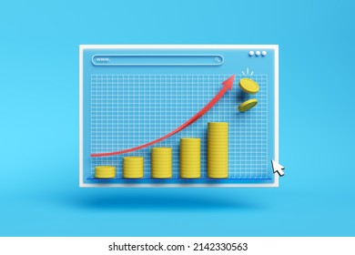 Coin Stacks With Growth Graph Showing Arrow Upward. Business Profit Growth, Sale Grow Margin Revenue Concept. Financial And Investment Concept. 3d Render. 3d Illustration.