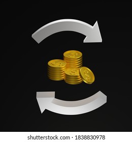 Coins And Arrows. Cash Back. Money On Coins. Coin Stack. Original Assets. 3D Illustration