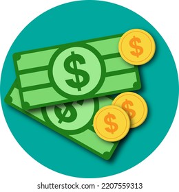 Вollar coins and banknotes in flat vector illustration.