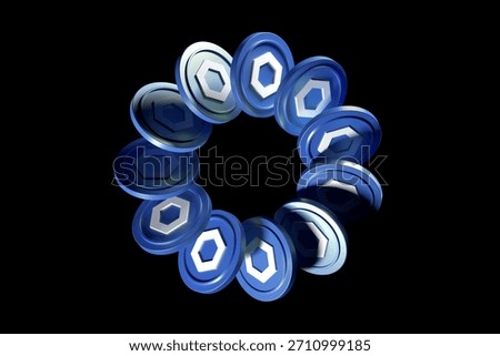 Coins of the cryptocurrency Chainlink LINK float in circular trajectory against a black background. High quality 3D rendering suitable for illustrating crypto concepts.