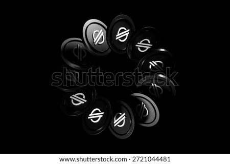 Coins of the cryptocurrency Stellar XLM float in a circular trajectory against black background. High quality 3D rendering suitable for illustrating crypto concepts.