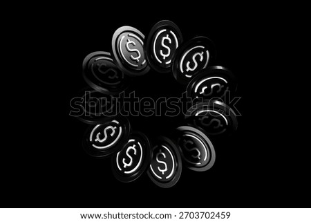 Coins of the cryptocurrency USDe Ethena float in a circular trajectory against black background. High quality 3D rendering suitable for illustrating crypto concepts.
