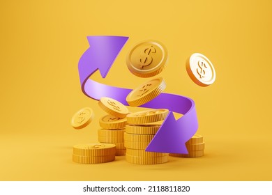 Coins With Dollar Sign Floating, Violet Arrows. Cashback And Return In Online Shopping. Concept Of Refund And Digital Payment With Money Back. 3D Rendering