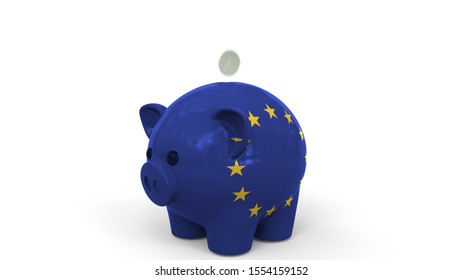 Coins Fall Into Piggy Bank Painted With Flag Of The European Union. EU Banking System Or Savings Related Conceptual 3D Rendering