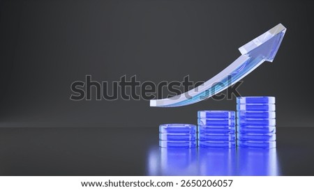 Coins stack with growth graph, glossy glass chart up arrow icon. Trading financial, capital money increase illustration. 3D minimal blue coin pile for economy fund investment stock market backgrounds
