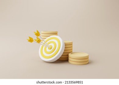 Coins stack growthing meaning increase money value with dartboard and arrow. Save money and investment concept. 3d rendering illustration