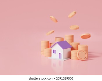 Coins stack and home on pink pastel background. Business loans for real estate concept. residential finance economy. home property investment. Saving money, working capital. 3D rendering illustration 