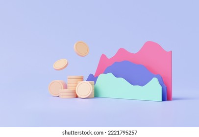 Coins stack Optimization chart Growth statistics graph profit higher stock market trading investing exchange, business financial economics concept. Minimal cartoon. 3d rendering illustration