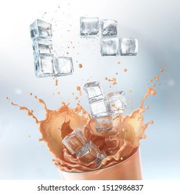 Cold Coffee Drink Splash And Ice In The Shape Of Tetris Puzzle Piece, 3d Rendering.