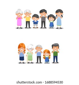 Cold And Flu Season Cartoon Illustration. Sick Family And Ill People Character Isolated On Background.