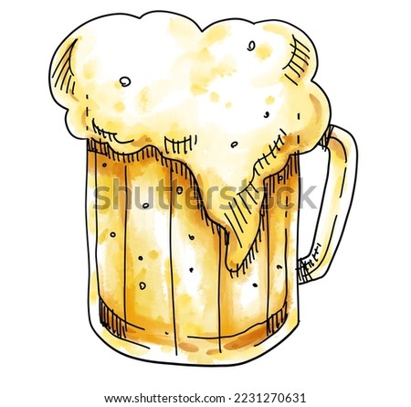 Cold golden beer with foam in pint hand doodle drawing watercolor illustration art