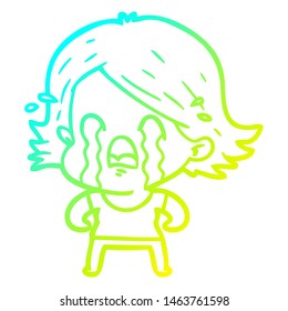 cold gradient line drawing of a cartoon woman crying