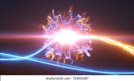 Cold And Hot Light Streak Breaks Out On A Black Background With Smoke And Light Particles And Explode In Space When Interacting With Each Other 3d Illustration