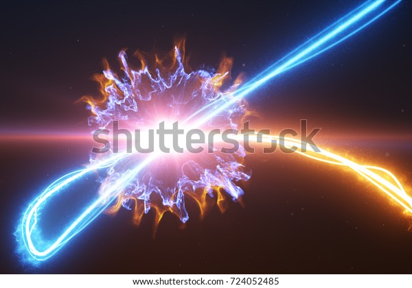 Cold and hot light streak breaks
out on a black background with smoke and light particles and
explode in space when interacting with each other 3d
illustration