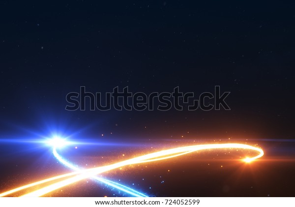 Cold and hot light\
streak breaks out on a black background with smoke and light\
particles 3d\
illustration