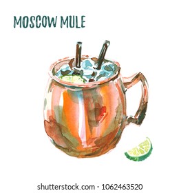 Cold Moscow Mule Cocktail In Shiny Copper Mug With Handle, Two Black Straws And A Slice Of Lime. Watercolor Illustration Isolated On White Background For Menu Design. Front Top View