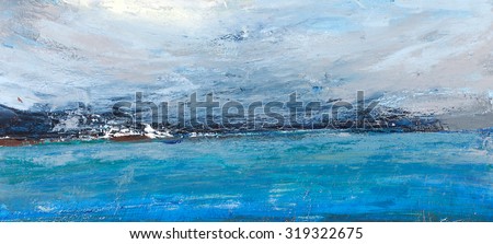 Cold ocean, landscape with the sea, rough country. Painting, pictorial art