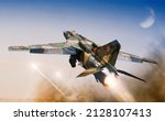 Cold war era jet fighter performs taking off with afterburner. 3D Render