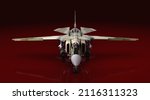 Cold war era Mig fighter jet static shot on red studio background. 3D render 