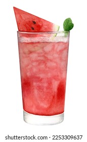 A cold watermelon drink with ice. Watercolor drawn by hand. - Shutterstock ID 2253309637