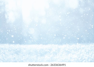 COLD WINTER BACKGROUND WITH SNOW, SNOW FLAKES FALLING, ICE AND SUN LIGHT BOKEH, CHRISTMAS BACKDROP FOR MONTAGE CHRISTMAS PRESENTS AND GIFTS