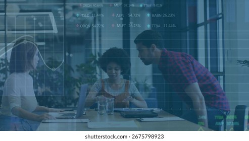Collaborating trio analyzing data in conference room, with laptop tablet water, stock chart overlay. Collaboration, teamwork, urban, modern, business, data, analytics