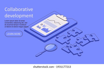 Collaborative development banner. Business concept of teamwork and partnership strategy.  landing page of collaboration in corporate office with isometric people and puzzle pieces