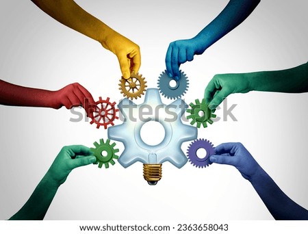 Collaborative Ideas and Business integration creativity as a cooperative alliance of team members joining together with a lightbulb illuminated glass gear or cog with 3D illustration elements.