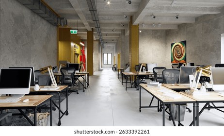 Collaborative industrial office space, multiple workstations, dynamic and productive atmosphere. 3D rendering.