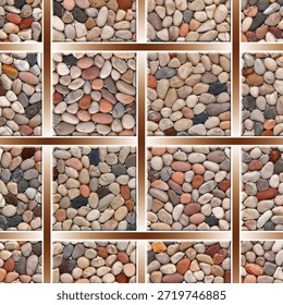 Collage of 16 square frames filled with assorted smooth pebbles in various colors and textures, arranged in a grid pattern.
