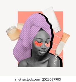 Collage of African American woman with a towel on her head, using skincare products. Skincare products include creams and lotions. Skincare routine for African American woman. - Powered by Shutterstock