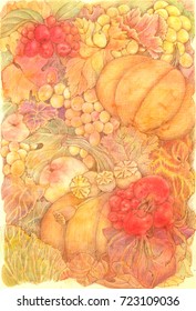 Collage Autumn garden  Hand drawing pencils   watercolor
