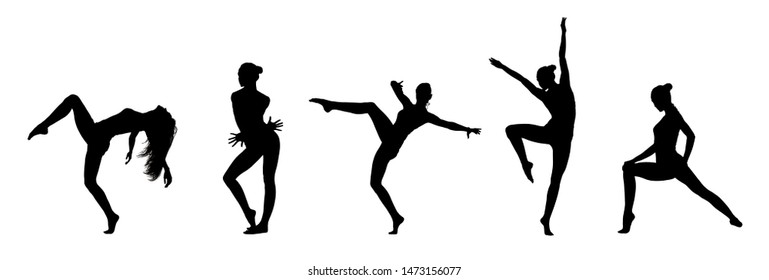 Collage Of Ballet Dancer's Silhouettes Isolated On White Background. Black and White, Panorama,